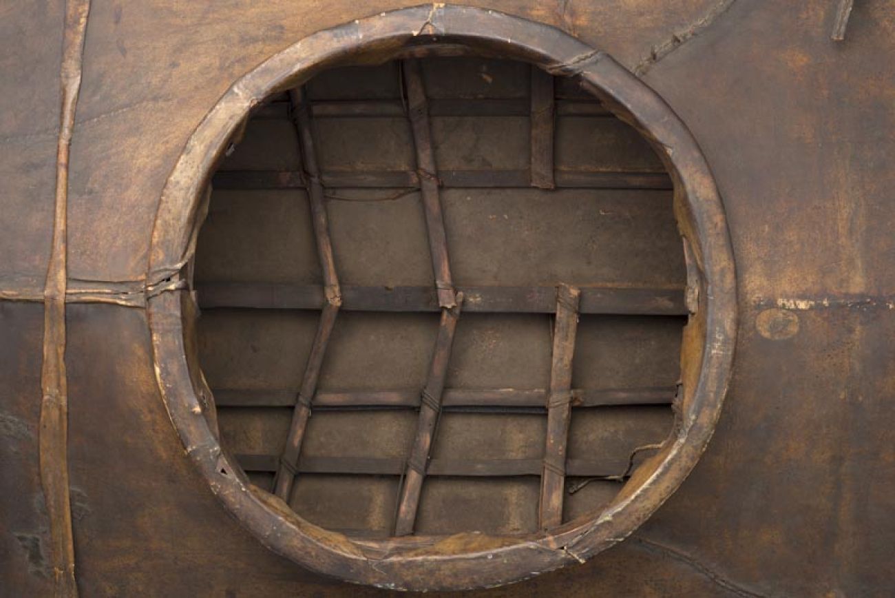 Cockpit of an Alutiiq kayak collected in 1868, photo courtesy of Harvard University, Peabody Museum